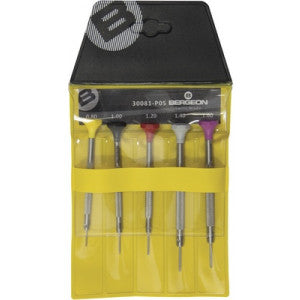 BERGEON Set of 5 Watchmaker's Screwdriver Ergonomic in Steel
Reference : 30081-P05
Ergonomic Screwdriver of stainless steel with head of synthetic self-lubricating POM material and conical blades of hardened stainless steel 54/56HRC.
Ø 0.80 / 1.00 / 1.20 / 1.40 / 1.60 mm.