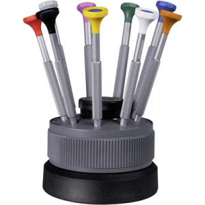 BERGEON Set of 9 Amnetic Screwdrivers on Rotating Base
Reference : 31081-S09
Light and ergonomic
Anodized aluminum body
Ergonomic head made of POM synthetic material
self-lubricating (Ø 13 mm)
Conical non-magnetic blade in Declafor 1015, N° 8899-M
On rotating base
With reservoir containing spare blades
Screwdriver sizes: Ø 0.50 mm, 0.60, 0.80, 1.00, 1.20, 1.40, 1.60, 2.00, 2.50