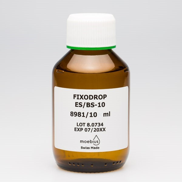 MOEBIUS® 8981 Fixodrop ES/BS Epilame 10 ml
MOEBIUS® Epilames.
The Fixodrop epilame is successfully used in the following application areas:
- Hydrophobic and oleophobic surface treatment (epilame) for mechanisms, electronic devices and mechanical parts
- Precision micromechanics (watches, timers, measuring devices, tools, etc.)
- On-board instrumentation and counters (automotive, aeronautical, naval, etc.)
- Cameras and optical instruments
- General mechanics (office machines, fans, etc.).