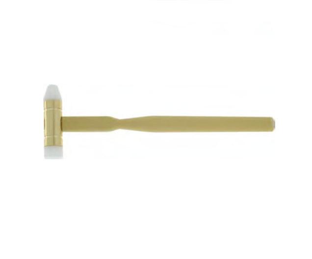 MSA04.012 Hammer with cylindrical head made of brass Ø 16 mm and 2 inserts in white
Delrin (flat/conical).
Delivered with a synthetic beige handle.
Size: HEAD Ø 16 x L65 mm / TOTAL L230 mm