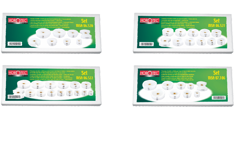 Precision press MSA06.135, delivered with 4 assortments of Delrin® screw-on dies MSA06.520, MSA06.521, MSA06.522 and MSA07.106 (43 pieces).