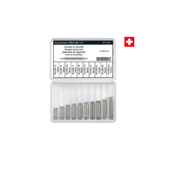 MSA99.101 ASSORTMENT OF FLANGED SPRING BARS, STAINLESS STEEL / Ø 1.80 mm / 60 PIECES SWISS MADE 1.8mm Diameter (heavy-duty spring bar thickness) Contains 10 sizes, 6 pieces of each size: 12 mm, 14 mm, 16 mm, 17mm, 18mm, 19mm, 20mm, 21mm, 22mm, 24mm Ø A x B mm = 0.90 mm Ø x 1.00 mm