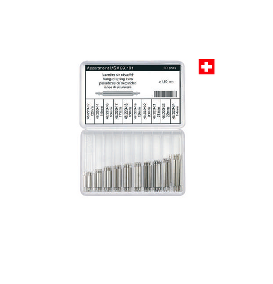 MSA99.101 ASSORTMENT OF FLANGED SPRING BARS, STAINLESS STEEL / Ø 1.80 mm / 60 PIECES  SWISS MADE  1.8mm Diameter (heavy-duty spring bar thickness)  Contains 10 sizes, 6 pieces of each size: 12 mm, 14 mm, 16 mm, 17mm, 18mm, 19mm, 20mm, 21mm, 22mm, 24mm   Ø A x B mm = 0.90 mm Ø x 1.00 mm