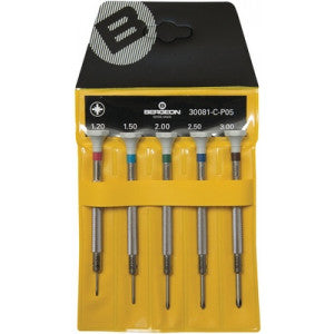 BERGEON 30081-C-P05 Set of 5 Watchmaker's Phillips Screwdriver Ergonomic in Steel

Reference : 30081-C-P05


Hardened stainless steel drill bits 53/55 HRC ref. 6899-MC-…, Ø 1.20, 1.50, 2.00, 2.50, 3.00 mm
Ergonomic stainless steel screwdriver with self-lubricating POM head and Phillips head bit, hardened stainless steel 53/55HRC.
Ø 1.20 / 1.50 / 2.00 / 2.50 / 3.00 mm.