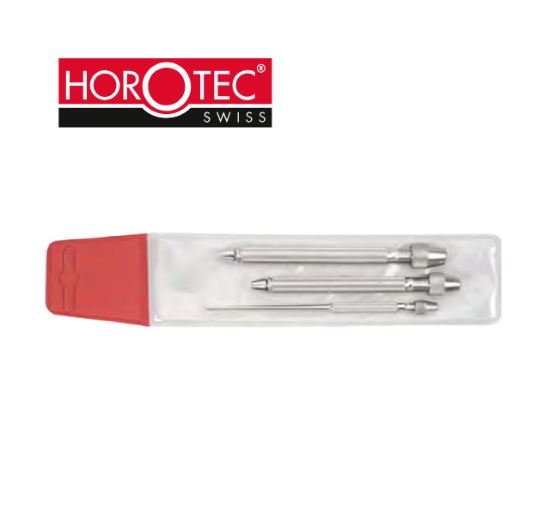 Horotec MSA02.025 three-piece pin vice set in a clear storage case with red cap
