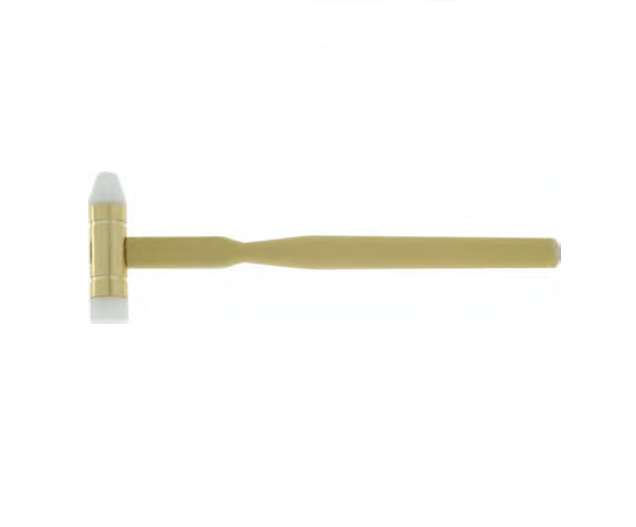 MSA04.012 Hammer with cylindrical head made of brass Ø 16 mm and 2 inserts in white
Delrin (flat/conical).

Delivered with a synthetic beige handle.

Size: HEAD Ø 16 x L65 mm / TOTAL L230 mm