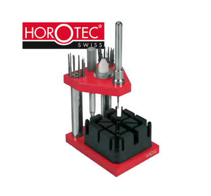 Horotec MSA10.500 bracelet pin and screw press with interchangeable tips and black bracelet holder