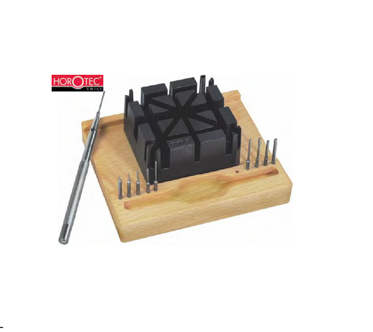 HOROTEC® Pin Punch Tool with Universal Bracelet Holder on a Wooden Base.