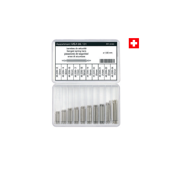 MSA99.101 ASSORTMENT OF FLANGED SPRING BARS, STAINLESS STEEL / Ø 1.80 mm / 60 PIECES  SWISS MADE  1.8mm Diameter (heavy-duty spring bar thickness)  Contains 10 sizes, 6 pieces of each size: 12 mm, 14 mm, 16 mm, 17mm, 18mm, 19mm, 20mm, 21mm, 22mm, 24mm&nbsp;  Ø A x B mm = 0.90 mm Ø x 1.00 mm