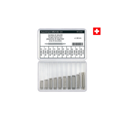 MSA99.101 ASSORTMENT OF FLANGED SPRING BARS, STAINLESS STEEL / Ø 1.80 mm / 60 PIECES  SWISS MADE  1.8mm Diameter (heavy-duty spring bar thickness)  Contains 10 sizes, 6 pieces of each size: 12 mm, 14 mm, 16 mm, 17mm, 18mm, 19mm, 20mm, 21mm, 22mm, 24mm&nbsp;  Ø A x B mm = 0.90 mm Ø x 1.00 mm