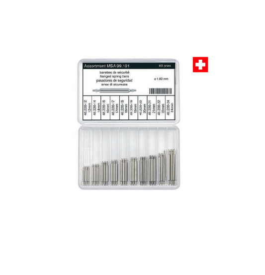 MSA99.101 ASSORTMENT OF FLANGED SPRING BARS, STAINLESS STEEL / Ø 1.80 mm / 60 PIECES  SWISS MADE  1.8mm Diameter (heavy-duty spring bar thickness)  Contains 10 sizes, 6 pieces of each size: 12 mm, 14 mm, 16 mm, 17mm, 18mm, 19mm, 20mm, 21mm, 22mm, 24mm&nbsp;  Ø A x B mm = 0.90 mm Ø x 1.00 mm