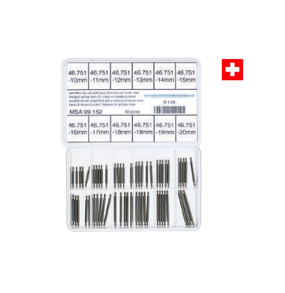 Spring Bar Assortment, 1.5mm Diameter, Flanged for Clasps, 60 Pieces
