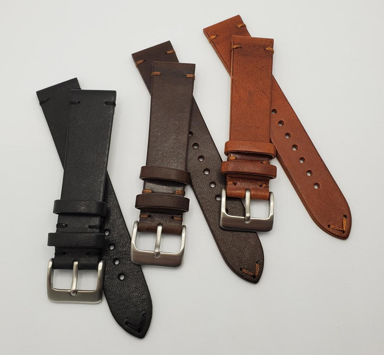 Classic Vintage Leather Strap with Accent Stitching and Steel Buckle (Avail. Black, Brown, Light Brown)