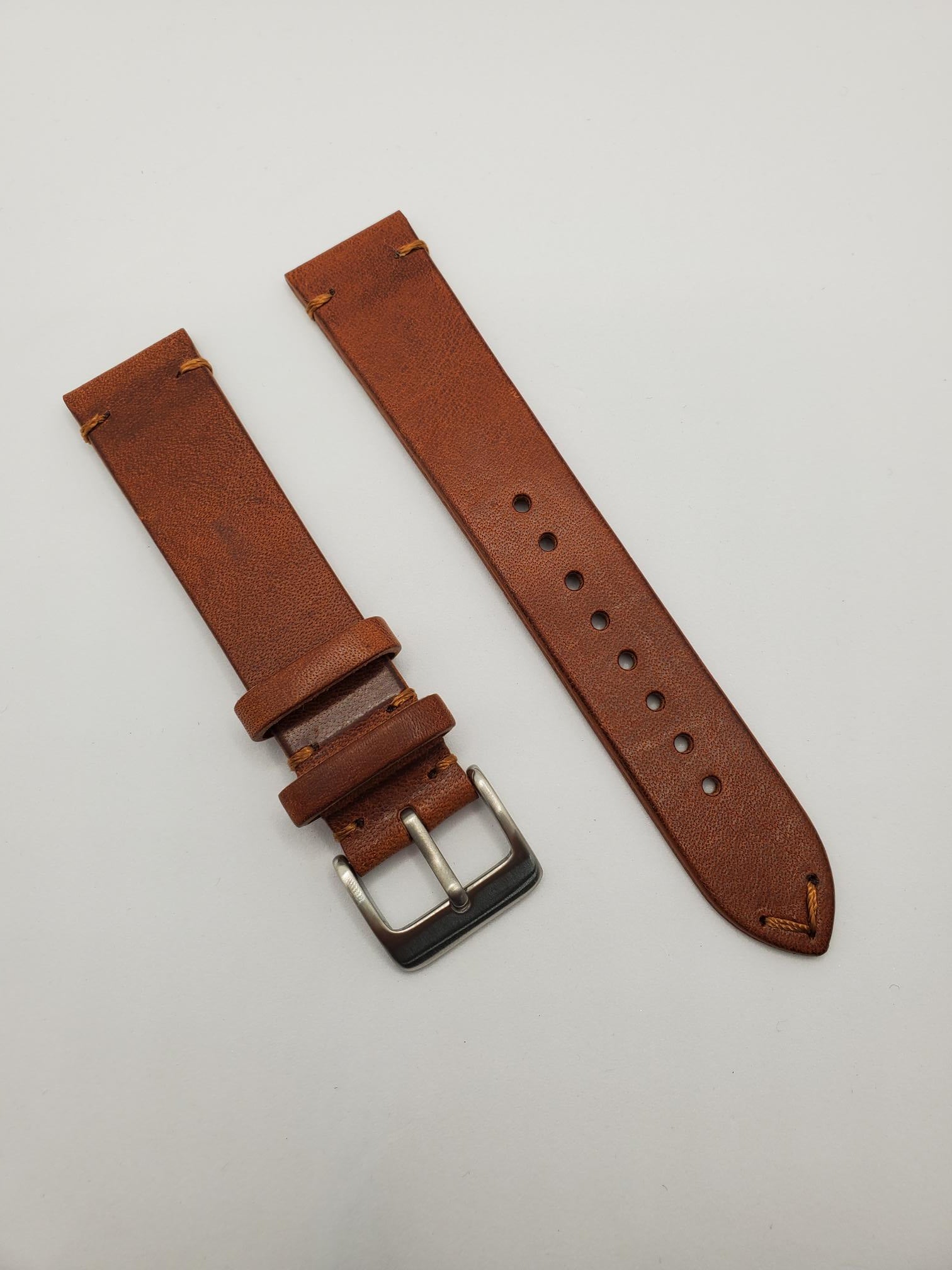 Classic Vintage Leather Strap with Accent Stitching and Steel